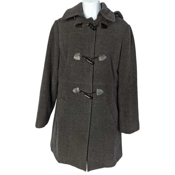 Nautica Charcoal Gray Hooded long Pea Coat Wool Blend Zip & Toggle Button up L - Picture 1 of 12
